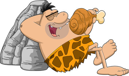 Happy Caveman Cartoon Character Eating Meat. Vector Hand Drawn Illustration Isolated On Transparent Backgroundのイラスト素材