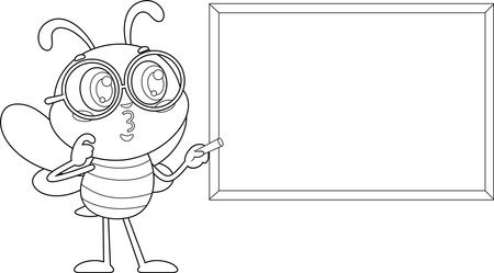 Outlined Cute School Bee Cartoon Character Writing On Blackboard. Vector Illustration Flat Design Isolated On Transparent Backgroundのイラスト素材