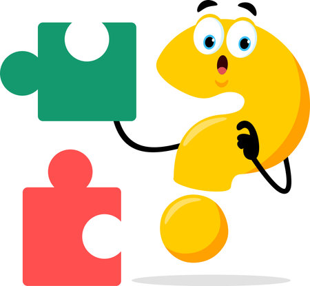 Cute Yellow Question Mark Cartoon Character With Puzzle Piece. Vector Illustration Flat Design Isolated On Transparent Backgroundのイラスト素材