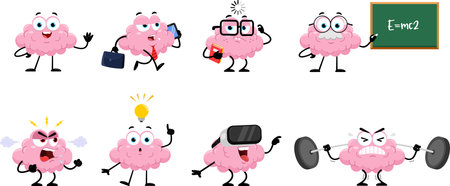 Funny Brain Cartoon Character. Vector Flat Design Collection Set Isolated On Transparent Backgroundのイラスト素材