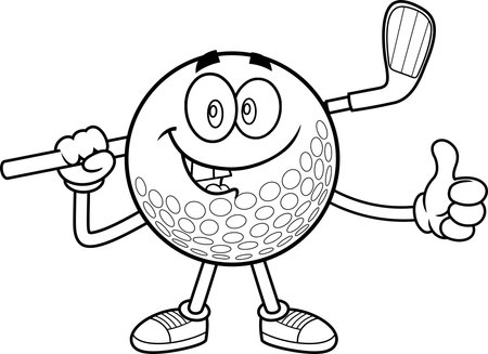Outlined Cute Golf Ball Cartoon Character Giving The Thumbs Up. Vector Hand Drawn Illustration Isolated On Transparent Backgroundのイラスト素材