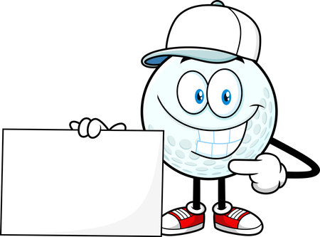 Smiling Golf Ball Cartoon Character Pointing To Blank Sign. Vector Hand Drawn Illustration Isolated On Transparent Backgroundのイラスト素材