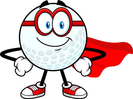 Cute Golf Ball Cartoon Character SuperHero. Vector Hand Drawn Illustration Isolated On Transparent Backgroundのイラスト素材