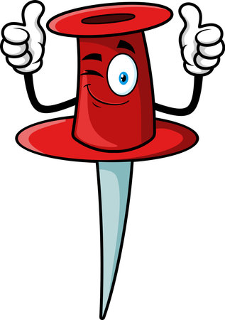 School Red Push Pin Cartoon Character Giving Double Thumbs Up. Vector Hand Drawn Illustration Isolated On Transparent Backgroundのイラスト素材