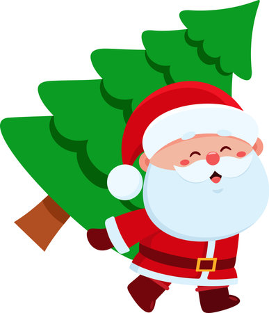 Cute Santa Claus Cartoon Character Carrying Christmas Tree. Vector Illustration Flat Design Isolated On Transparent Backgroundのイラスト素材