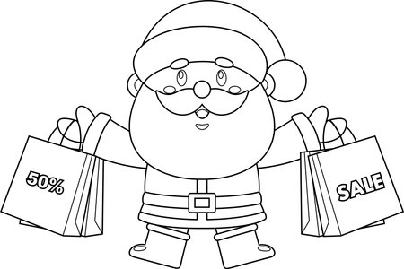 Outlined Cute Santa Claus Cartoon Character Carrying Shopping Bags With Text Sale. Vector Hand Drawn Illustration Isolated On Transparent Backgroundのイラスト素材