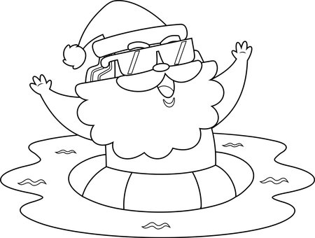 Outlined Summer Santa Claus Cartoon Character With Inflatable Ring On Water. Vector Hand Drawn Illustration Isolated On Transparent Backgroundのイラスト素材