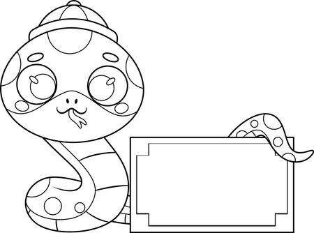 Outlined Cute Chinese New Year Snake Cartoon Character Holding Blank Sign. Vector Hand Drawn Illustration Isolated On Transparent Backgroundのイラスト素材