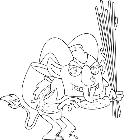 Outlined Krampus Or Christmas Devil Cartoon Character Wearing Basket Backpack Holding Rods Flogging Punishment. Vector Hand Drawn Illustration Isolated On Transparent Backgroundのイラスト素材