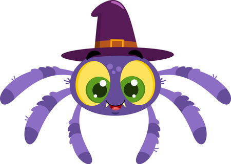 Cute Halloween Spider Cartoon Character Wearing A Witch's Hat. Vector Illustration Flat Design Isolated On Transparent Backgroundのイラスト素材