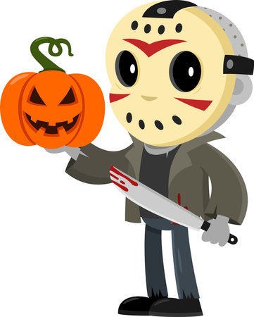 Cute Jason Murderer Cartoon Character Showing Halloween Jack O'Lantern Pumpkin And Holding A Bloody Machete. Vector Illustration Flat Design Isolated On Transparent Backgroundのイラスト素材