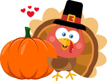Cute Baby Turkey Bird Cartoon Character Holding A Pumpkin. Vector Illustration Flat Design Isolated On Transparent Backgroundのイラスト素材