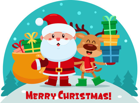 Merry Christmas Greeting With Santa Claus And Reindeer. Vector Illustration Flat Design With Landscape Backgroundのイラスト素材