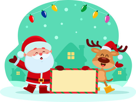 Cute Santa Claus And Reindeer Cartoon Characters Holding A Blank Sign. Vector Illustration Flat Design With Landscape Backgroundのイラスト素材