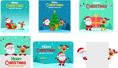 Merry Christmas Greeting Cards With Santa Claus, Reindeer, Snowman And Elf.Vector Hand Drawn Collection Set With Winter Backgroundsのイラスト素材