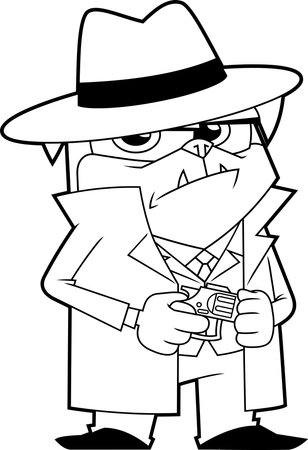 Outlined Funny Mafia Pug Cartoon Character in Trench Coat and Hat Holding a Revolver. Vector Hand Drawn Illustration Isolated On Transparent Backgroundのイラスト素材