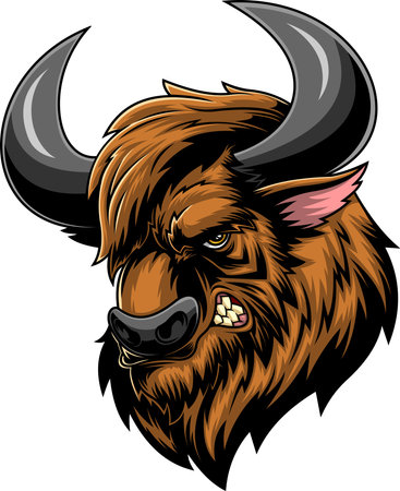Angry Bison Head With Horns Mascot - Vector Hand Drawn Illustration Isolated On Transparent Backgroundのイラスト素材