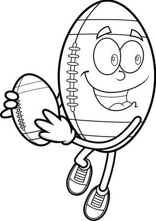 American Football Mascot Jumping With Ball Outline Drawing - Vector Hand Drawn Illustration Isolated On Transparent Backgroundのイラスト素材