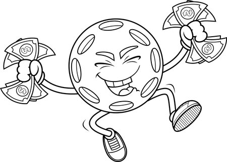 Happy Pickleball Character Jumping With Money Black And White - Vector Hand Drawn Illustration Isolated On Transparent Backgroundのイラスト素材