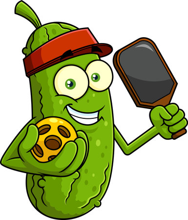Cute Pickle Cartoon Character Holding Pickleball Paddle And Ball - Vector Hand Drawn Illustration Isolated On Transparent Backgroundのイラスト素材