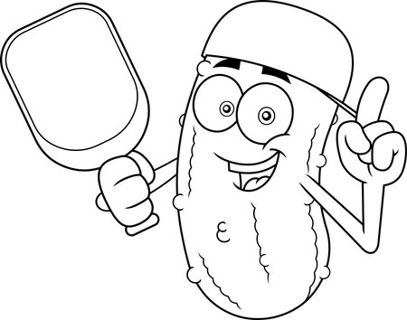 Funny Pickleball Cartoon Mascot Character With Cap And Paddle Pointing Up â Black And White Vector Hand Drawn Illustration Isolated On Transparent Backgroundのイラスト素材