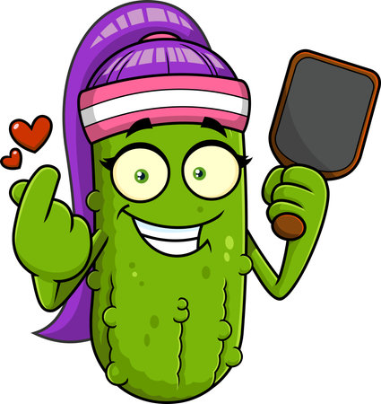 Cute Pickleball Girl Mascot Character With Paddle And Love Gesture - Vector Hand Drawn Illustration Isolated On Transparent Backgroundのイラスト素材