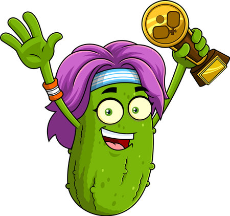 Pickle Girl Cartoon Character With Purple Hair Holding Pickleball Trophy And Celebrating Victory - Vector Hand Drawn Illustration Isolated On Transparent Backgroundのイラスト素材