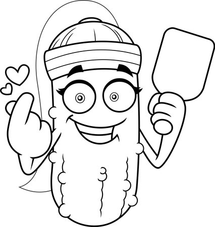 Pickleball Girl Mascot Character Showing Love Gesture With Paddle â Black And White Vector Hand Drawn Illustration Isolated On Transparent Backgroundのイラスト素材