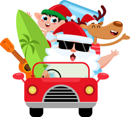 Summer Santa Claus Cartoon Character Driving Red Car With Reindeer, Elf, Surfboard, Ukulele And Pool Float. Vector Illustration Flat Design Isolated On Transparent Backgroundのイラスト素材