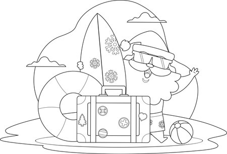 Summer Santa Claus Coloring Page With Surfboard And Suitcase On Beach . Black and White Vector Hand Drawn Illustration Isolated On Transparent Backgroundのイラスト素材