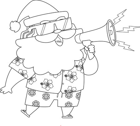 Summer Santa Claus Cartoon Character Shouting Through Megaphone. Black and White Vector Hand Drawn Illustration Isolated On Transparent Backgroundのイラスト素材