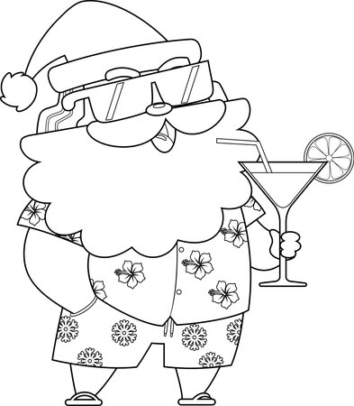 Summer Santa Claus Holding Cocktail Drink. Black and White Vector Hand Drawn Illustration Isolated On Transparent Backgroundのイラスト素材