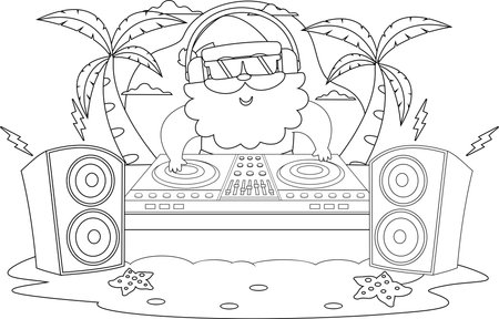 Summer Santa Claus Cartoon Character DJing With Headphones On Tropical Beach. Black and White Vector Hand Drawn Illustration Isolated On Transparent Backgroundのイラスト素材