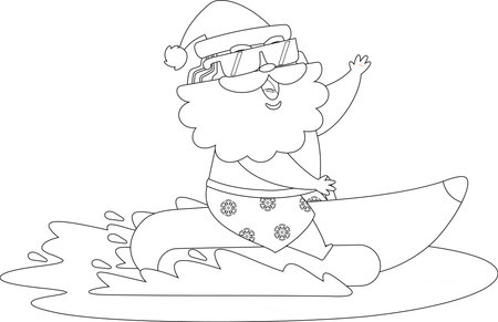 Summer Santa Claus Cartoon Character Riding Banana Boat On Water. Black and White Vector Hand Drawn Illustration Isolated On Transparent Backgroundのイラスト素材