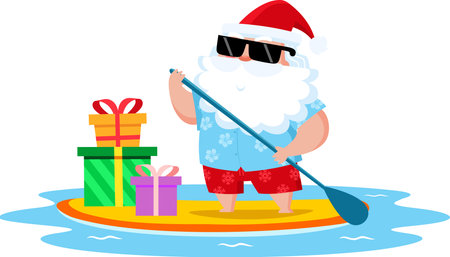Summer Santa Claus Paddling On Surfboard With Christmas Gifts . Vector Illustration Flat Design Isolated On Transparent Backgroundのイラスト素材