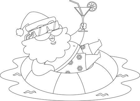 Summer Santa Claus Cartoon Character Floating In Pool Ring And Holding Cocktail. Black and White Vector Hand Drawn Illustration Isolated On Transparent Backgroundのイラスト素材