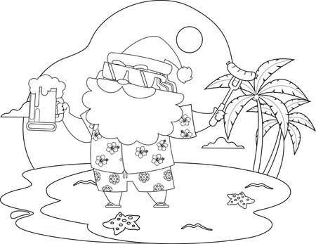 Summer Santa Claus Cartoon Character Holding Sausage And Beer Standing On Tropical Beach . Black and White Vector Hand Drawn Illustration Isolated On Transparent Backgroundのイラスト素材
