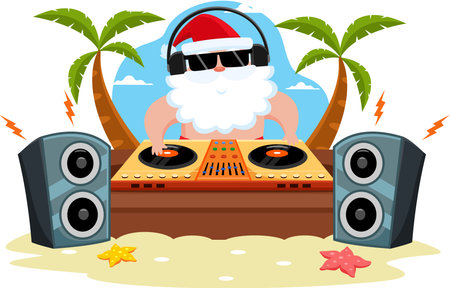 Summer Santa Claus Cartoon Character Ding With Headphones On Tropical Beach. Vector Illustration Flat Design Isolated On Transparent Backgroundのイラスト素材