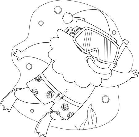 Summer Santa Claus Snorkeling Underwater. Black and White Vector Hand Drawn Illustration Isolated On Transparent Backgroundのイラスト素材