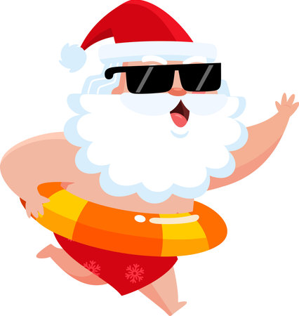 Summer Santa Claus Cartoon Character Running With Inflatable Ring. Vector Illustration Flat Design Isolated On Transparent Backgroundのイラスト素材