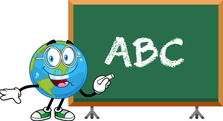 School Earth Globe Cartoon Character Writing On Chalkboard With ABC Letters - Vector Hand Drawn Illustration Isolated On Transparent Backgroundのイラスト素材
