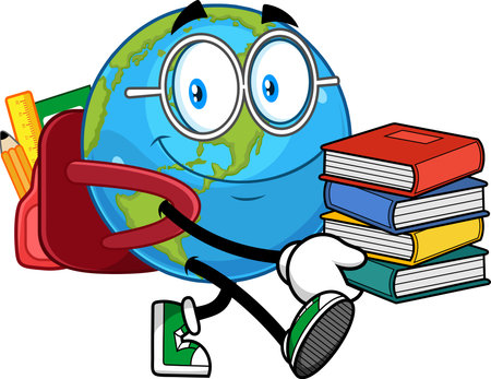 School Earth Globe Cartoon Character Walking With Backpack And Carrying Stack Of Books - Vector Hand Drawn Illustration Isolated On Transparent Backgroundのイラスト素材