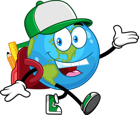 Cute School Earth Globe Cartoon Character Walking With Backpack And Cap - Vector Hand Drawn Illustration Isolated On Transparent Backgroundのイラスト素材