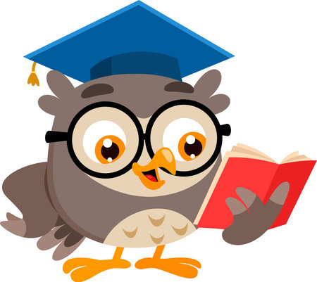 Cute Owl Teacher Cartoon Character Reading Textbook. Vector Illustration Flat Design Isolated On Transparent Backgroundのイラスト素材
