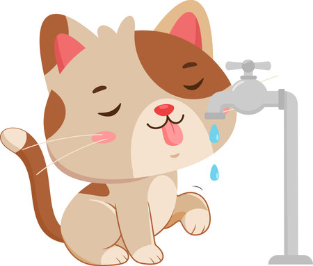 Happy Cute Cat Drinking Water From Faucet - Vector Hand Drawn Illustration Isolated On Transparent Backgroundのイラスト素材