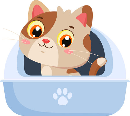 Cute Cat Cartoon Character Sitting In Litter Box And Smiling - Vector Illustration Flat Design Isolated On Transparent Backgroundのイラスト素材