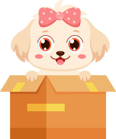 Cute Adorable Maltese Puppy Dog Cartoon Character Peeking From Box With Bow Tie - Vector Illustration Flat Design Isolated On Transparent Backgroundのイラスト素材