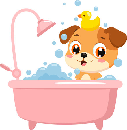 Cute Puppy Dog Cartoon Character Taking Bath With Rubber Duck - Vector Illustration Flat Design Isolated On Transparent Backgroundのイラスト素材