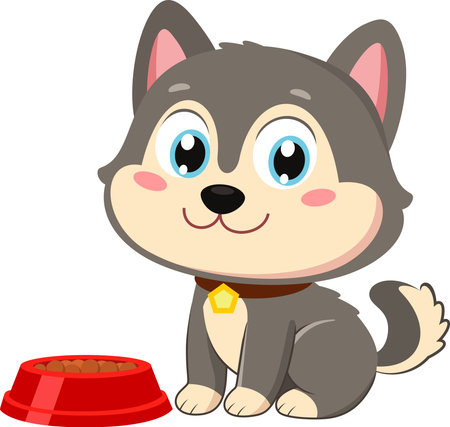 Funny Husky Puppy Dog Cartoon Character Sitting With Dog Bowl - Vector Illustration Flat Design Isolated On Transparent Backgroundのイラスト素材