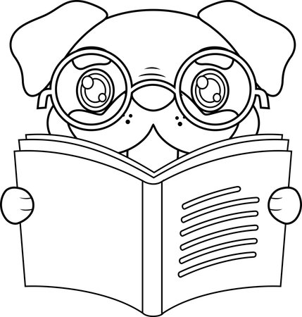 Adorable Pug Puppy Dog Reading Book. Black and White Vector Hand Drawn Illustration Isolated On Transparent Backgroundのイラスト素材
